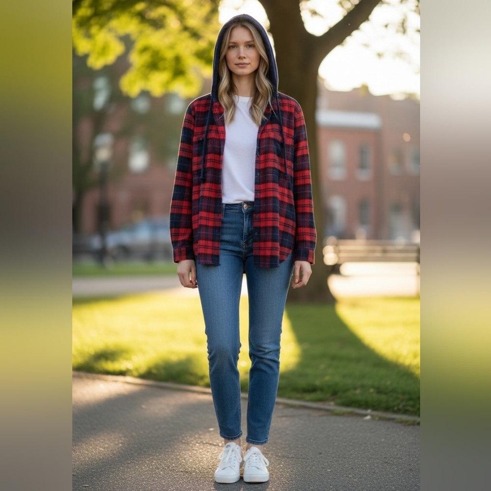 American Eagle Outfitters Navy Flannel Shirt Hoodies Fleece Jacket